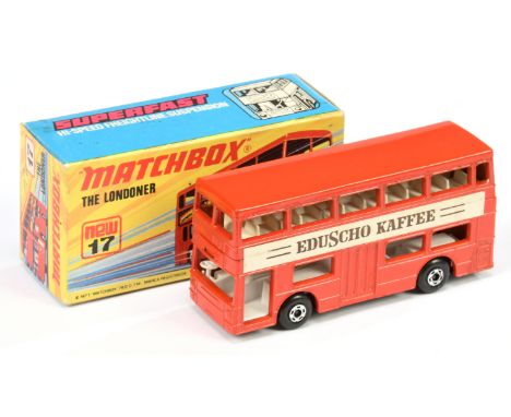 Matchbox Superfast 17b Daimler Fleetline Londoner Bus "Eduscho Kaffe" - brick red body, gloss black base with axle braces. 5-