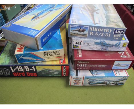 Seven Plastic Model Military aircraft and helicopter Kits by Special Hobby, AMP, Lindberg, Revell, Roden and Other, including