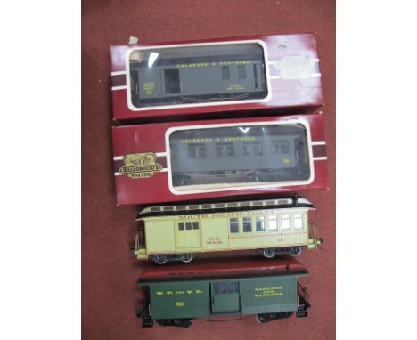 Four Items of "G" Gauge Rolling Stock, two "Delton Locomotive Works" Coaches, both boxed, a "C and S" post Office and a "C an