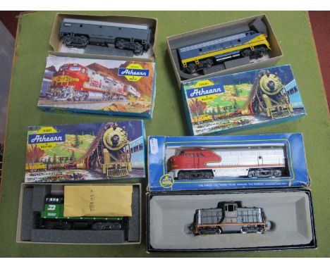 Five "HO" Gauge U.S.A Outline Boxed Diesel Locomotives, three Athearn, a Ref No. 3022 F7 "Chesapeake and Ohio", a Ref 3902 5W