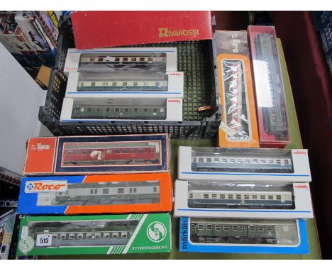 Twelve "HO" Gauge Continental Outline Boxed Coaches, by Marklin (6), Rivarossi (2), Lima, Roco, etc, S.N.C.F, DB liveries inc