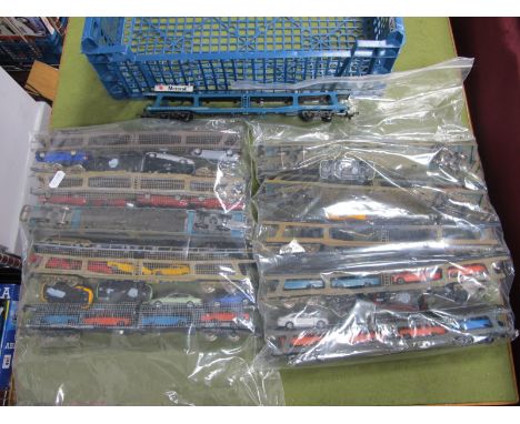 Ten Lima 'OO' Gauge/4mm Unboxed Car Transporters with Car Loads, (addition of side netting noted), plus a motor rail example 