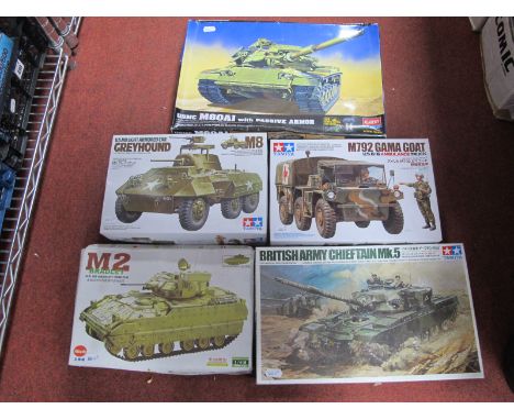 Five Boxed Plastic Model Tank and Military Armoured Vehicle Kits by Tamiya, Academy, Kitech, to include Tamiya 1:35 #46 Briti