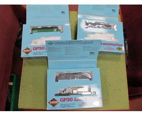 Three Proto 2000 "HO" Gauge Boxed GP30 Diesel Bo-Bo Locomotives, two "Southern Pacific", livery R/No's 5010 and 5017 one "Bur