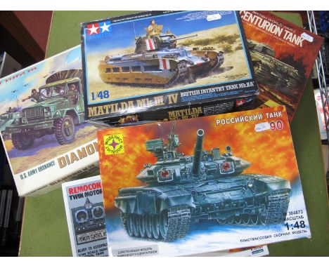 Five Plastic Model Military Tank Kits by Bandai, ARII, Tamiya and Other, including Bandai #6421-600 1:30 U.S Army Ordnance Di