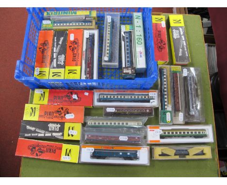 Twenty Five items of N Gauge Continental Outline Coaches, cased and loose, mainly DB Rail, by Piko, Lima, Minitrix etc; overa