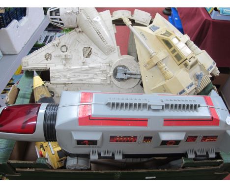 Four C. 1980's Plastic Space Vehicles, to include Kenner Star Wars Millenium Falcon, Snowspeeder, GO Bots Vertical Transporta