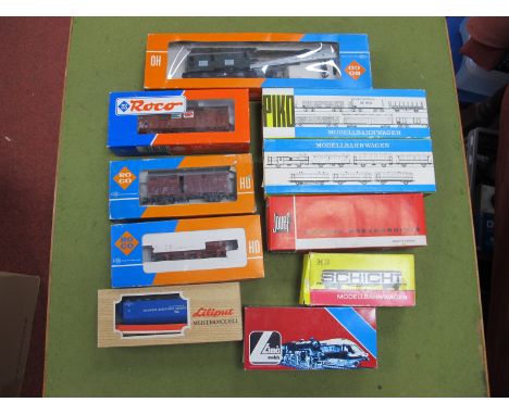Ten Items of "HO" Gauge Continental Outline Boxed Rolling Stock, by Piko, Roco, Lima, etc, box vans, ore wagon, of interest a