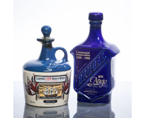 LAMB'S 100 NAVY RUM EXTRA STRONG 'HMS Victory' bottling, 750ml, 57% volume. In blue and white ceramic flagon. BRUGAL RON ANEJ