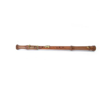 Replica Renaissance Bass recorder in Pearwood, authentic duct blown period instrument with two keys, possibly German.