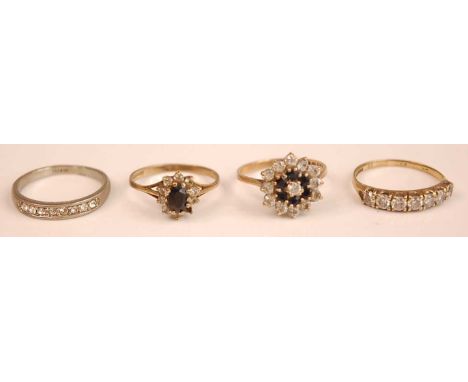 A 9ct gold cz set half hoop ring, size P; together with a 9ct gold, blue and white stone set flower head cluster ring; one ot