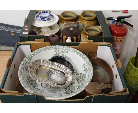 Two boxes of miscellaneous items, to include a large Victorian transfer decorated wash-bowl, cranberry glass shade, Honiton p