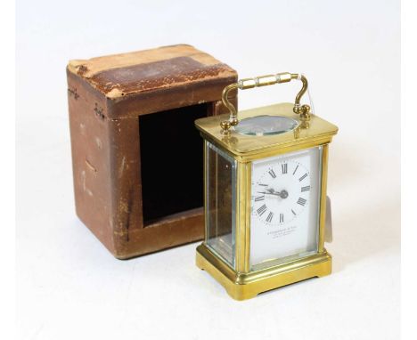 A circa 1900 French lacquer brass carriage clock, retailed by William Bruford &amp; Sons, having single barrel going movement