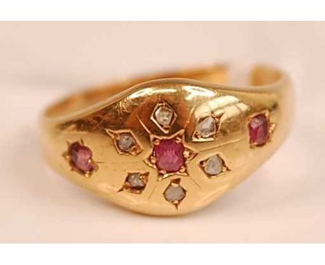 A vintage 18ct gold ruby and diamond point set dress ring, 2.2g, size O