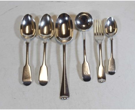 A pair of Victorian silver dessert spoons; together with a silver serving spoon; a silver ladle; a silver fork, and one other