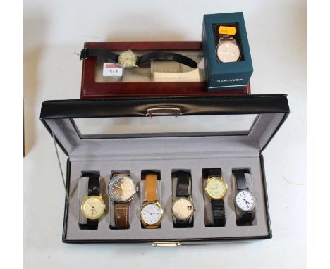 A Sekonda gent's wristwatch, having a blue dial with Arabic and baton markers, date aperture, boxed; together with a lady's M