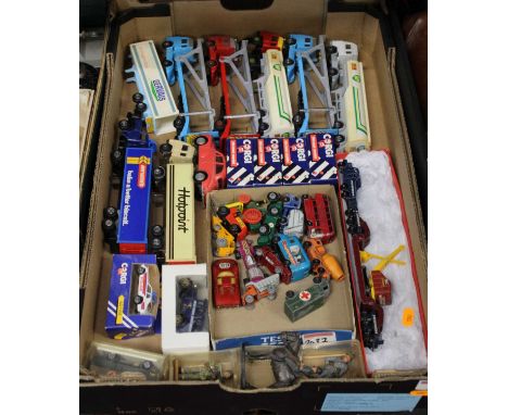 A box containing a collection of various diecast model vehicles, to include Corgi examples