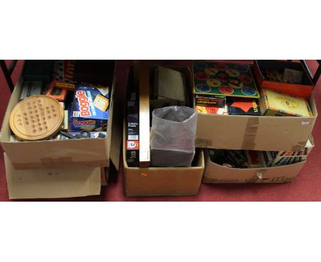 Five boxes containing a collection of mainly board games to include Solitaire, a Bagatelle board, a chess set, etc