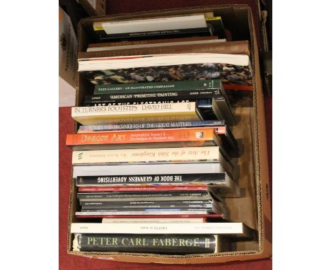 A box of assorted antique reference and auction catalogues, to include Peter Carl Fabergé, The Books of Guinness Advertising,