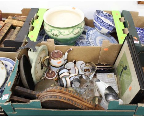Two boxes of miscellaneous items, to include Salter's scales, studded leather bellows, Elizabeth II coronation goblets, Japan