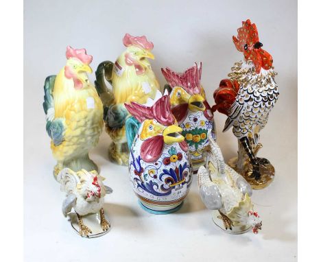 A pair of continental jugs in the form of cockerels; together with five various other ceramic models of cockerels (6)