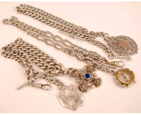 A silver graduated curblink watch chain with T bar and two pendants, 37cm; together with two others, both having T bars and o