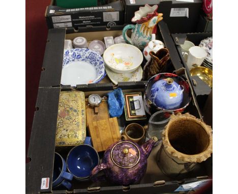 A box of miscellaneous items, to include Wedgwood mauve jasperware trinket jars and covers, Foster's studio pottery fish vase