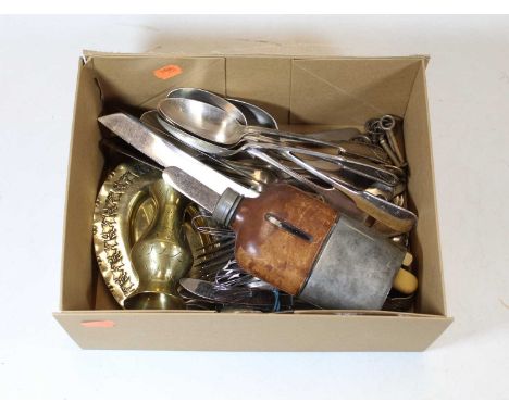 A box of miscellaneous items, to include leather clad and pewter hip flask, small brass vase, loose flatware etc 