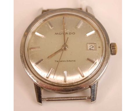 A gents Movado steel cased automatic wrist watch with the silver dial signed Movado Temo-amatic, baton markers, date aperture