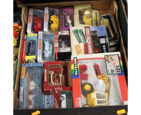 A box containing a collection of various diecast model vehicles, to include Matchbox, Britains, Solido, and Dinky examples 