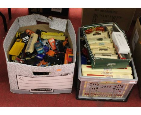 Two boxes containing a collection of mainly diecast model vehicles to include Corgi and Matchbox examples 