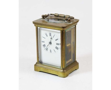 A French lacquered brass carriage clock, having visible platform escapement, early 20th century