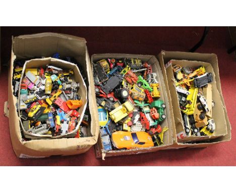 Three boxes containing a large collection of mainly diecast model vehicles to include Corgi, Tonka, and Solido