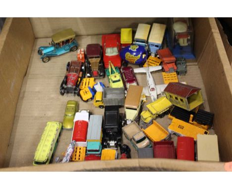 A box of loose and playworn diecast and plastic toy vehicles, to include Corgi AEC van, Lesney BP auto-tanker etc 