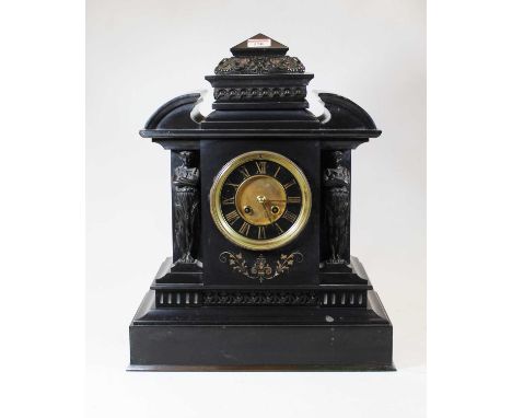 A Victorian black slate eight-day mantel clock, the slate chapter ring with gilt Roman numerals, the case of architectural fo