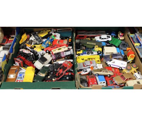 Two boxes containing a large collection of various diecast model vehicles, to include Matchbox and Corgi examples 