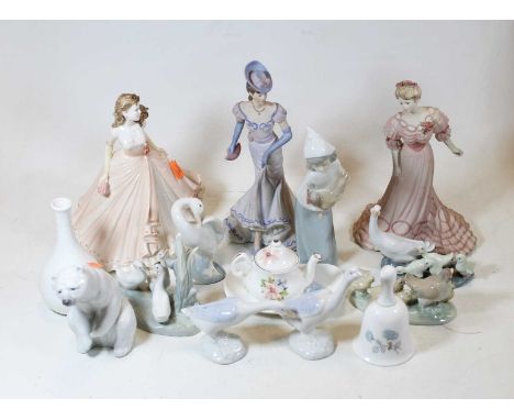 Assorted chinaware, to include Lladro polar bear, Wedgwood Ice Rose pattern specimen vase, Nao porcelain groups, Coalport fig