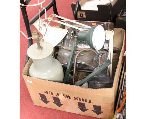 A box of miscellaneous items, to include cream painted anglepoise desk lamp, ceramic table lamp etc 