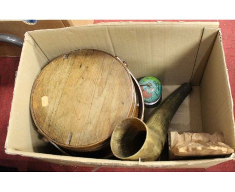 A box of miscellaneous items, to include a carved wooden corbel, miniature globe etc 