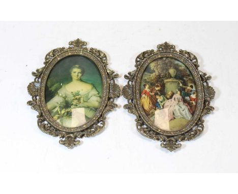 A pair of 20th century Italian printed portrait miniatures, each within a Rococo style brass frame, 22x15cm overall