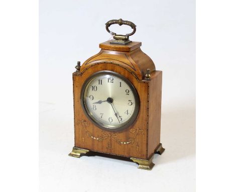 An Edwardian satinwood and inlaid mantel clock, having an unsigned silvered dial and replacement quartz movement, h.23cmCondi