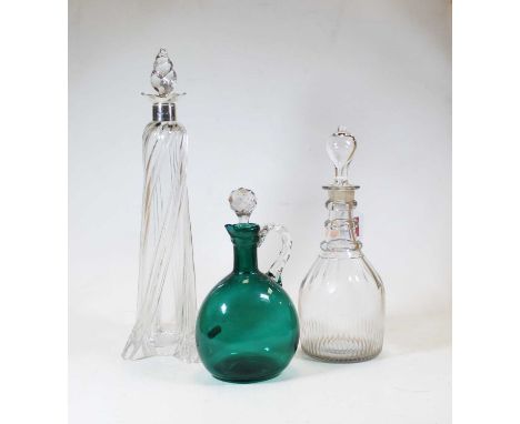 A 19th century triple ring neck cut glass decanter, 31cm high including stopper; together with a late 19th century silver col