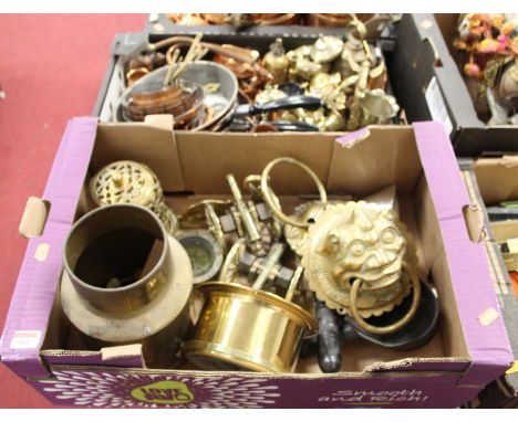 Two boxes of miscellaneous metalware, to include model artillery cannons, brass cased barometer, copper pans etc 