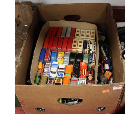 A box containing a large collection of diecast model vehicles, to include Corgi and Matchbox examples 