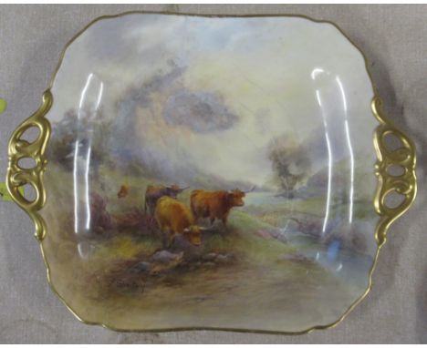 A Royal Worcester square dish, decorated with Highland cattle in landscape by J Stinton, af