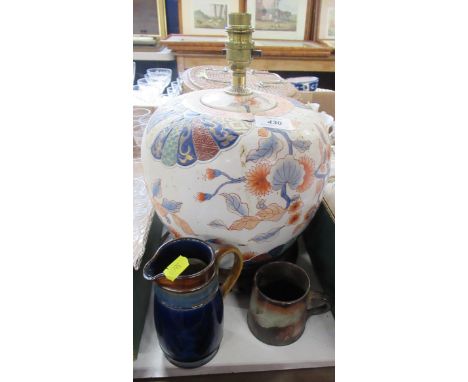 An Imari style table lamp, jug and mug