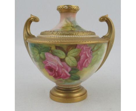 A Royal Worcester pedestal vase, decorated with pink roses by F Harper, shape number 2299, height 8.5insCondition Report:  No