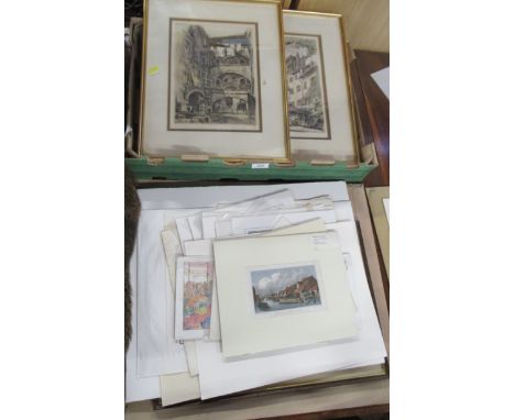 A collection of antique and later prints, etchings, map etcs, including French signed coloured etchings