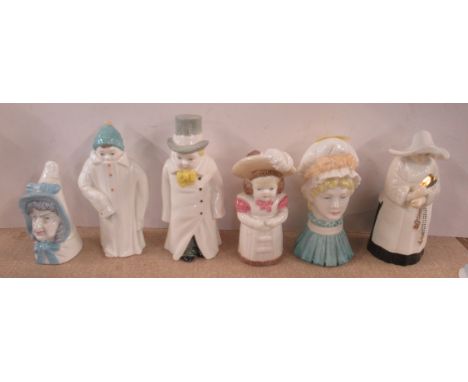 Six Royal Worcester candle snuffers, Mrs Caudle, Toddie, Budge, Feathered Hat, Mob Cap and Nun