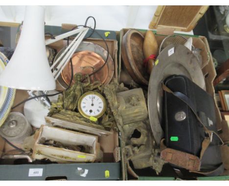 Two boxes of assorted items, to include clocks and a lamp